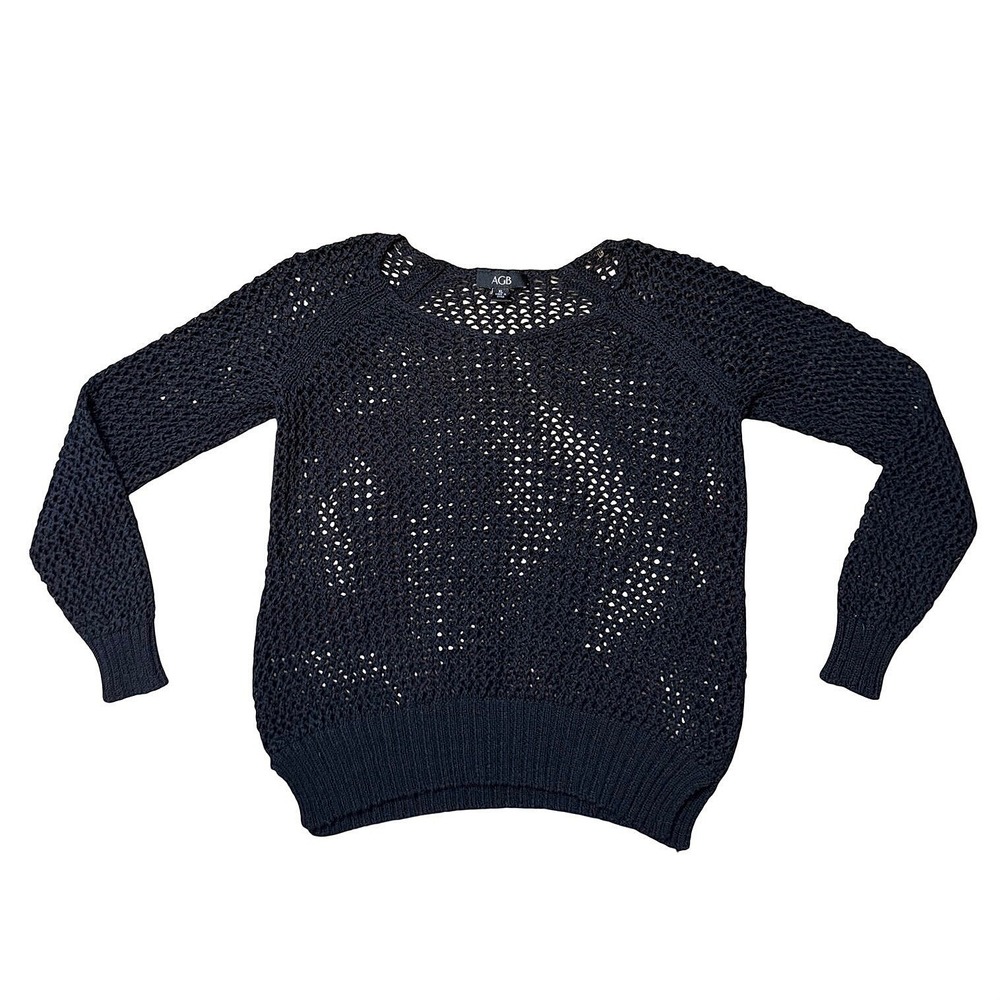AGB Womens Navy Blue Open Knit Crochet Sweater XL Long Sleeve Scoop Neck Cotton